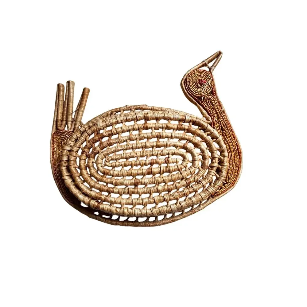 Two Gullah style handmade shaped shallow woven baskets Bunny & Turkey theme